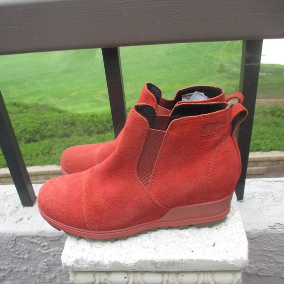 SOREL Women's Evie Pull On Suede Wedge Bootie Waterproof Lug Sole Warp Red~ 9.5 - Picture 7 of 11